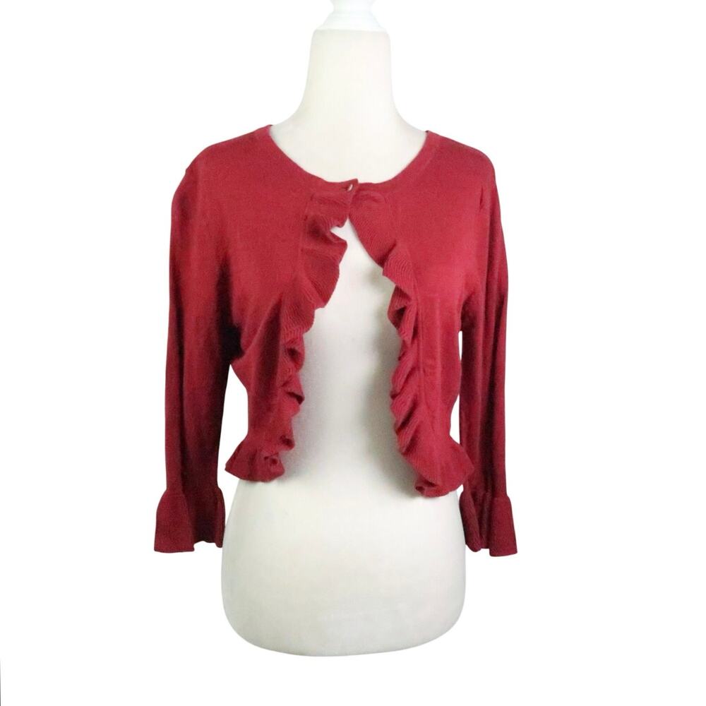 Vintage Y2k Forever 21 Burgundy Red Ruffle Crop Cardigan Bolero Sweater L